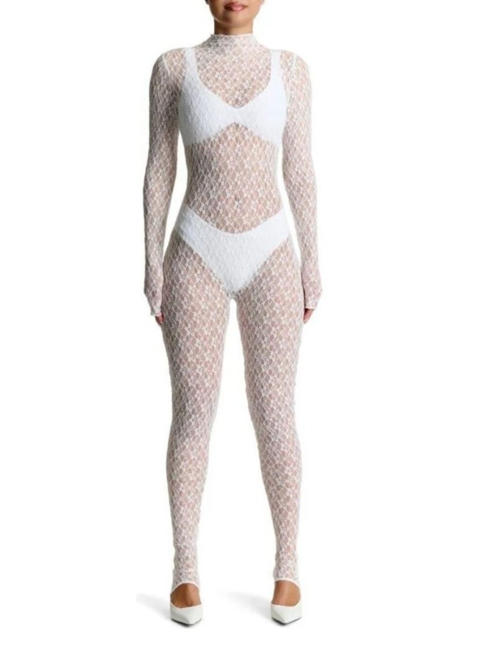 Naked Wardrobe White Sheer Lace Long Sleeve Stirrup Jumpsuit Women's Size XS NWT